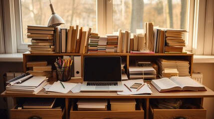 A desk full of books and papers with a laptop on top of it.
