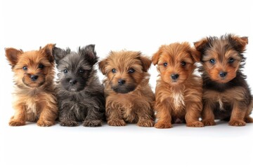 Five Yorkshire Terrier puppies sitting in a row