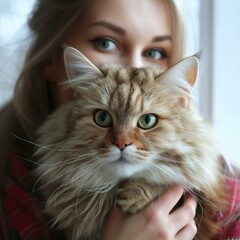 A blonde woman is holding a big fluffy cat in her arms. The cat has big green eyes and a pink nose. The woman is smiling at the cat.