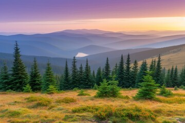 Naklejka na ściany i meble Mountain landscape with sunrise over the hills and coniferous trees in the foreground