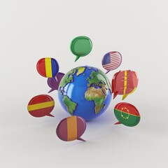 Flags of the world in speech bubbles around a globe