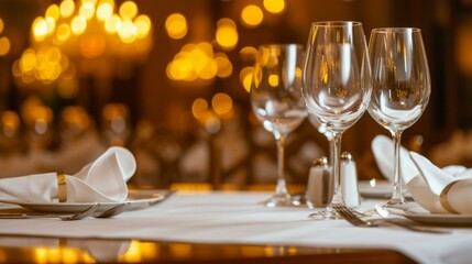 Elegant restaurant table setting with wine glasses, salt and pepper shakers, and folded napkin