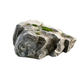 large stone, textured rock with intricate patterns and mossy patches, isolated on a white background