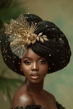 portrait of a young woman wearing a traditional nigerian gele head wrap
