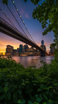 New York City skyline view from Brooklyn Bridge Park at sunset