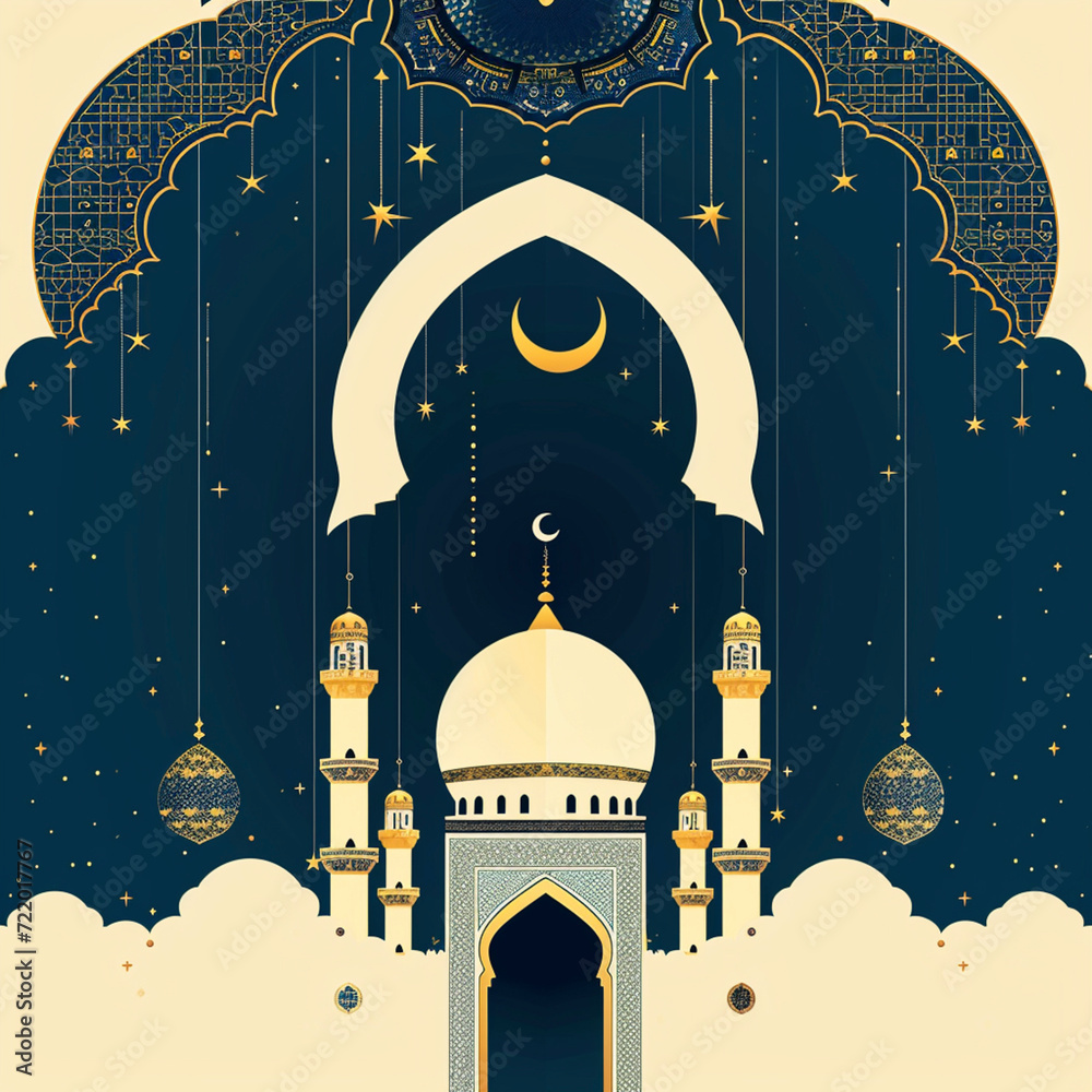 Wall mural Vintage style mosque silhouette with crescent moon
