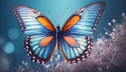 butterfly.a stunning digital illustration featuring a beautiful butterfly gracefully isolated against a serene blue background. Capture the intricate details of the butterfly's wings, and evoke a sens - obrazy, fototapety, plakaty