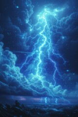 Blue lightning strikes over dark stormy sea