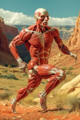 A muscular man is running in the desert