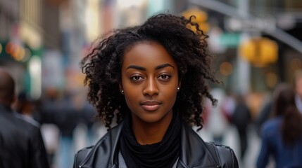 Casual young black woman walking down a pedestrian street in New York. Generative AI