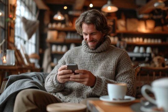 Smiling Man Wearing Brown Sweater Using Smartphone In Cafe