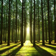 Sunlight shining through the tall trees in the forest