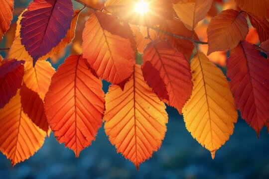 Colorful autumn leaves with the sun shining through them