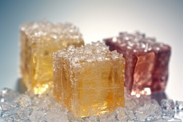 Three translucent gelatin cubes with sugar crystals on crushed ice