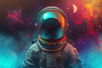 An astronaut in a spacesuit with a colorful nebula and stars in the background - obrazy, fototapety, plakaty