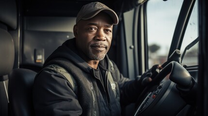 Middle Aged Black Man Truck Driver Inside the Black Truck. Fundamental Transportation and Service Concept for Industrialized Societies. Generative AI.