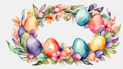 Fototapeta na wymiar Watercolor Colorful Easter eggs wreath. AI generated