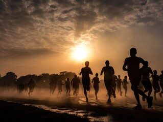 Global Running Day. silhouette of running people at sunset