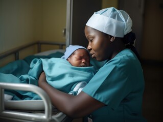Young female African American midwife, nurse carefully holding newborn baby. International Midwife's Day, May 5th