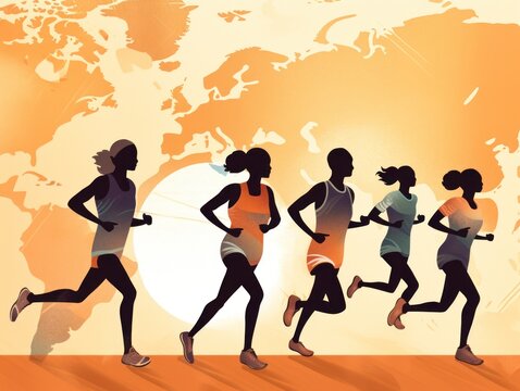 Global Running Day. illustration with silhouette of running people on the background of the world map.