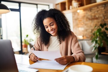 Smiling young black woman sitting at desk working on laptop writing letter in paper notebook, free...
