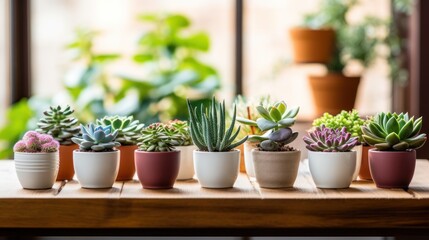 Variety of succulents and indoor plants beautifully arranged on a wooden table, showcasing different types in a harmonious display. Generative AI