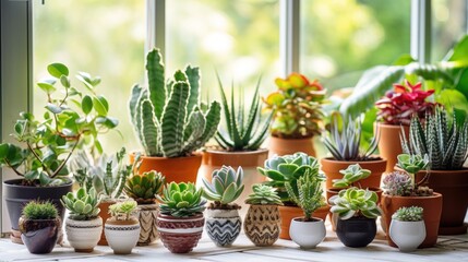 An Exquisite Assortment Featuring a Diverse Selection of Succulents and Indoor Plants, Artfully Arranged on a Charming Wooden Table, Capturing the Essence of Natural Beauty and Home Decor. Generative 