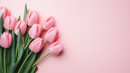 Bouquet Of Pink Tulips Against a Soft Pastel Pink Backdrop. Perfect for Valentine's Day, Easter, Birthday, Happy Women's Day, and Mother's Day. Stunning Flat Lay with Top View and Ample Copy Space. AI