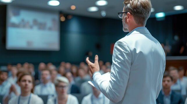 Engaged Male and Female Participants Attentively Listening to a Presentation on Biotechnology During the International Medical Summit. Generative AI