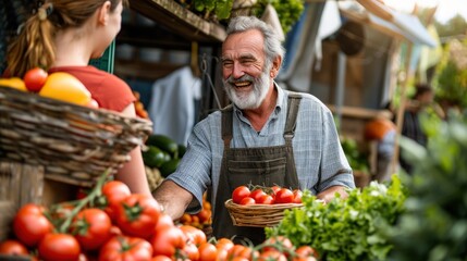  Smiling Middle-Aged Man Inviting a Female Shopper to Savor Tomatoes and Other Organic Produce Directly From the Farm.Local Farmer in Small Business. Generative AI