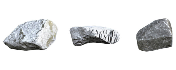 Three distinct, textured stones of varying shapes and colors, isolated on a white background
