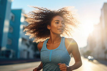 A woman energetically runs down a busy street, her hair flowing in the wind.