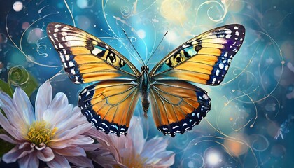 butterfly on flower.a visually mesmerizing illustration showcasing a beautiful butterfly in splendid isolation against a calming blue backdrop. Emphasize the delicate patterns of the butterfly's wings