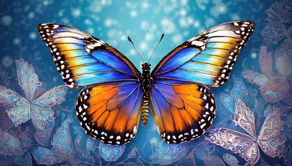 a visually mesmerizing illustration showcasing a beautiful butterfly in splendid isolation against a calming blue backdrop. Emphasize the delicate patterns of the butterfly's wings, evoking a sense of