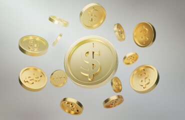 Explosion of gold coins with dollar sign. Jackpot or casino poke concept. 3d rendering.