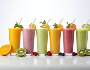 Fototapeta premium A vibrant row of various colored smoothies arranged with straws.