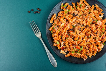 Pasta or macaroni with mussels and shrimp.