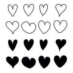 Hearts doodle set in outline and glyph