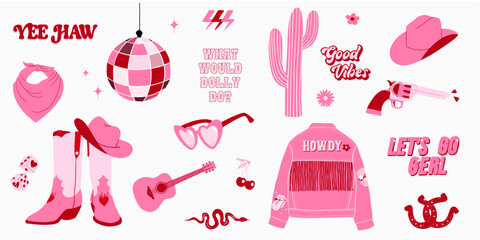 Trendy pink cowgirl set. Retro collection of cowboy boots and hat, disco ball, horseshoe, cactus, gun, jacket and lettering. Wild west, western themed. Hand drawn vector design - obrazy, fototapety, plakaty
