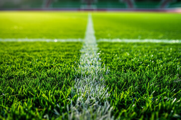 Close up soccer field lines. Background soccer pitch grass football stadium ground view. 