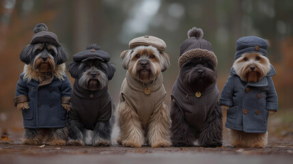 team of fashion dog models wearing coats and hats walking down the street