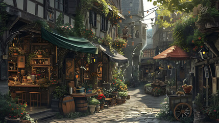 A lively medieval marketplace filled with mythical creatures and enchanting treasures.