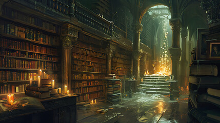 A mystical library where shelves stretch endlessly, filled with ancient tomes, and floating candles illuminate the enchanting space. - obrazy, fototapety, plakaty