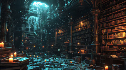 A mystical library where shelves stretch endlessly, filled with ancient tomes, and floating candles illuminate the enchanting space.
