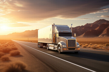 A semi truck navigates a dusty desert road amidst a barren landscape on a clear day.