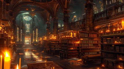 Enter a mystical library overflowing with ancient tomes and floating candles illuminating the path ahead.
