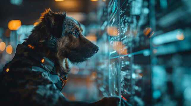 smart dog analyzing company, looking at holographic screen