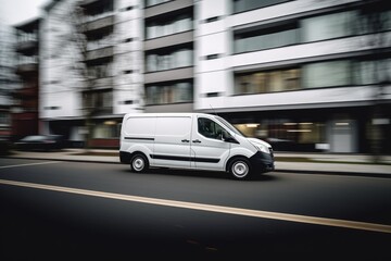 A white van is seen driving down a busy city street flanked by towering buildings.