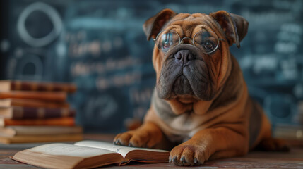 studious english bulldog with glasses opening book and studying