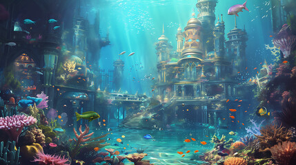Explore a mesmerizing underwater realm inhabited by enchanting mermaids, shimmering sunken treasures, and a breathtaking coral palace. - obrazy, fototapety, plakaty
